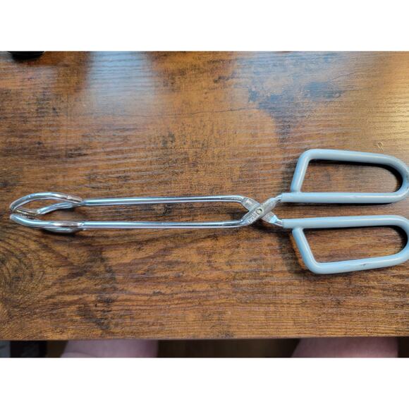 Vintage Light Blue Rubber Handle 10" Stainless Steel Tongs - Made in Taiwan - Picture 5 of 9